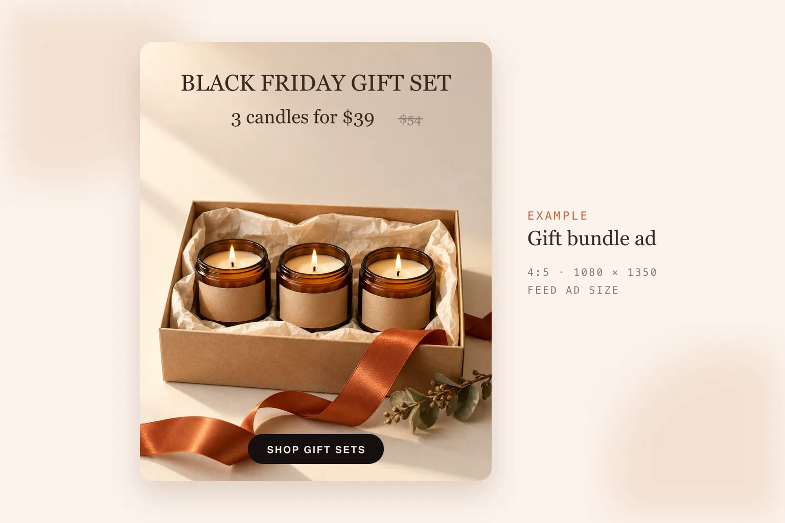Example Black Friday gift bundle ad with three candles in a gift box and a bundle price