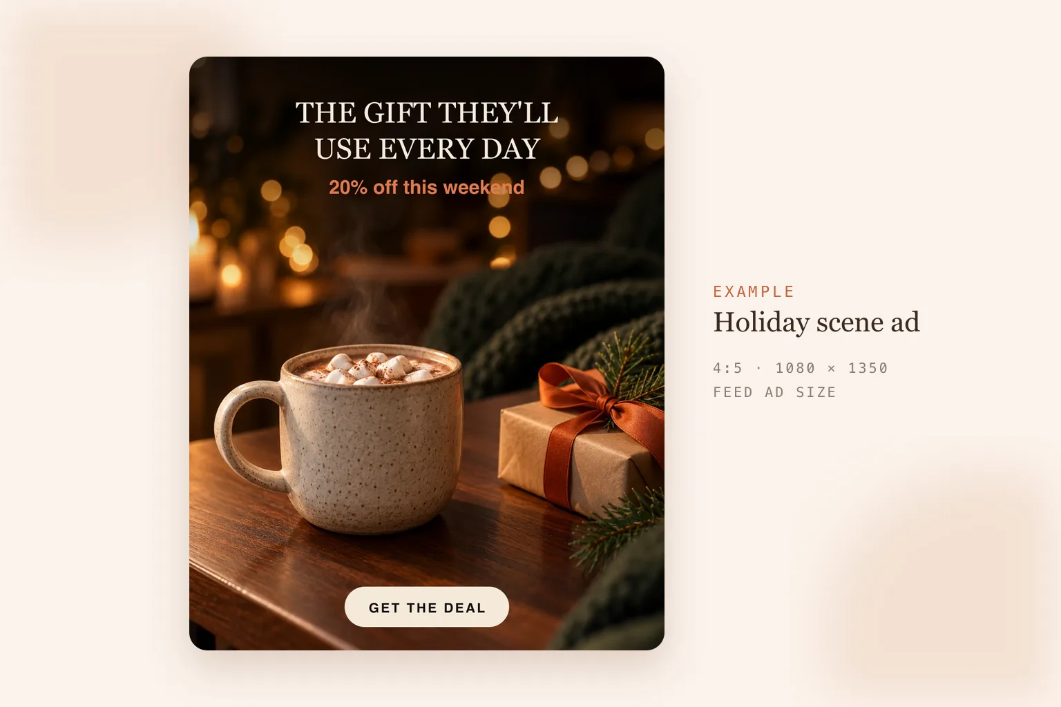 Example Black Friday ad showing a ceramic mug of cocoa in a cozy holiday scene with warm lights
