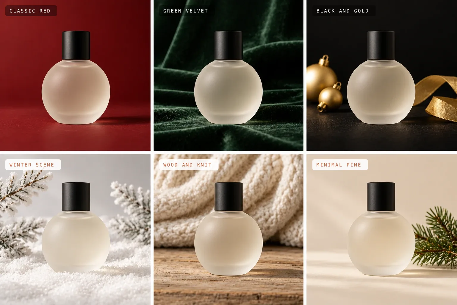 The same frosted perfume bottle on six Christmas backdrops: red, green velvet, black and gold, snow, wood and knit, and minimal pine