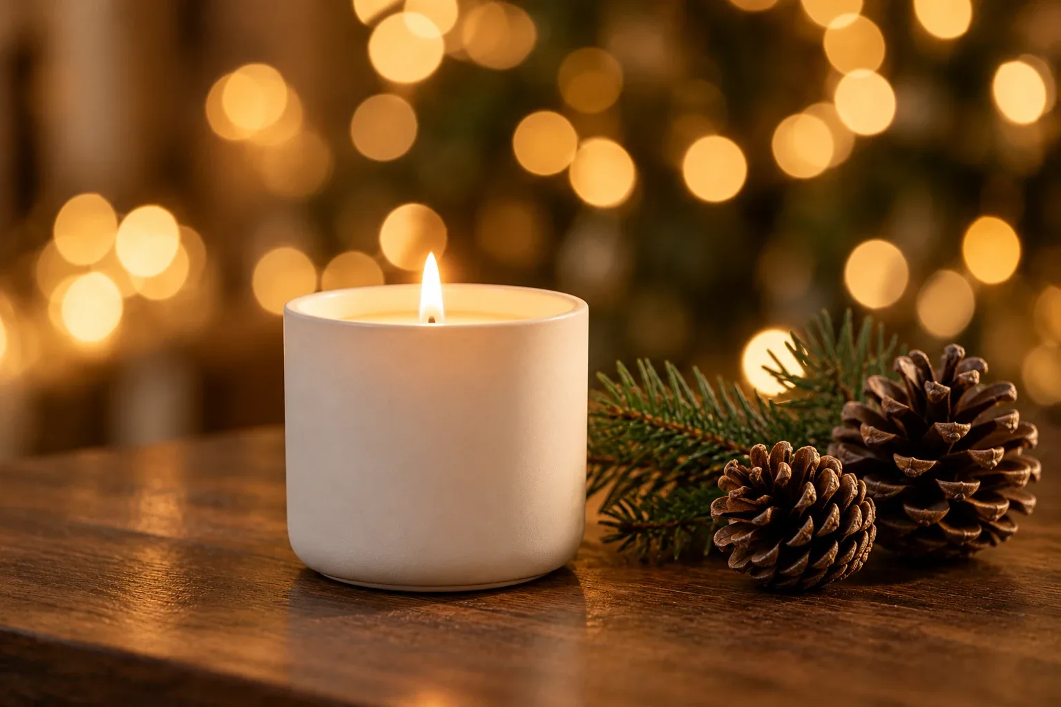 A white ceramic candle with pine and pinecones in front of softly blurred warm fairy lights