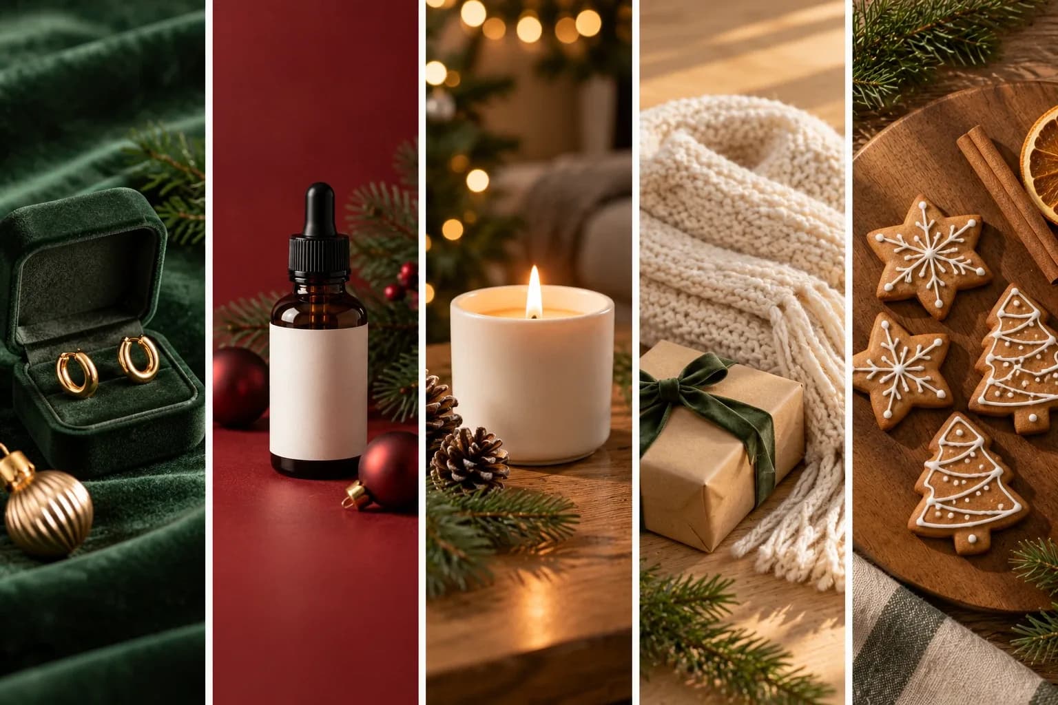 Christmas product photography ideas by product: earrings in a velvet box, a serum with red ornaments, a lit candle with pine, a scarf with a gift box and gingerbread cookies