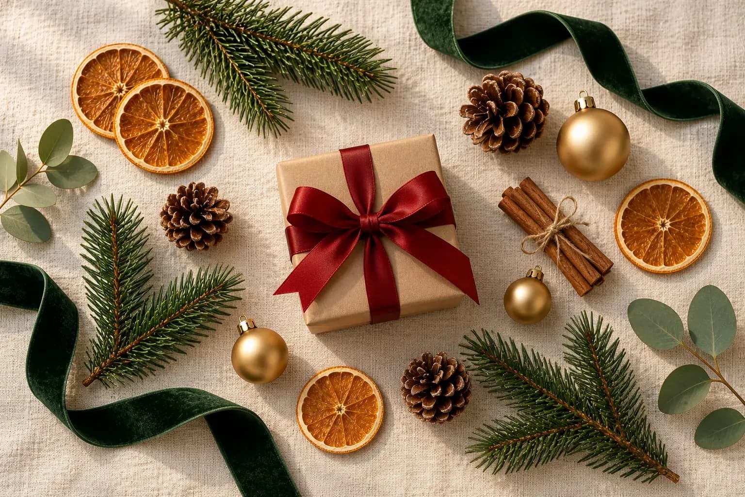 An overhead flat lay of Christmas props around a kraft gift box with a red bow: pine, pinecones, dried orange slices, cinnamon sticks, gold ornaments and green velvet ribbon
