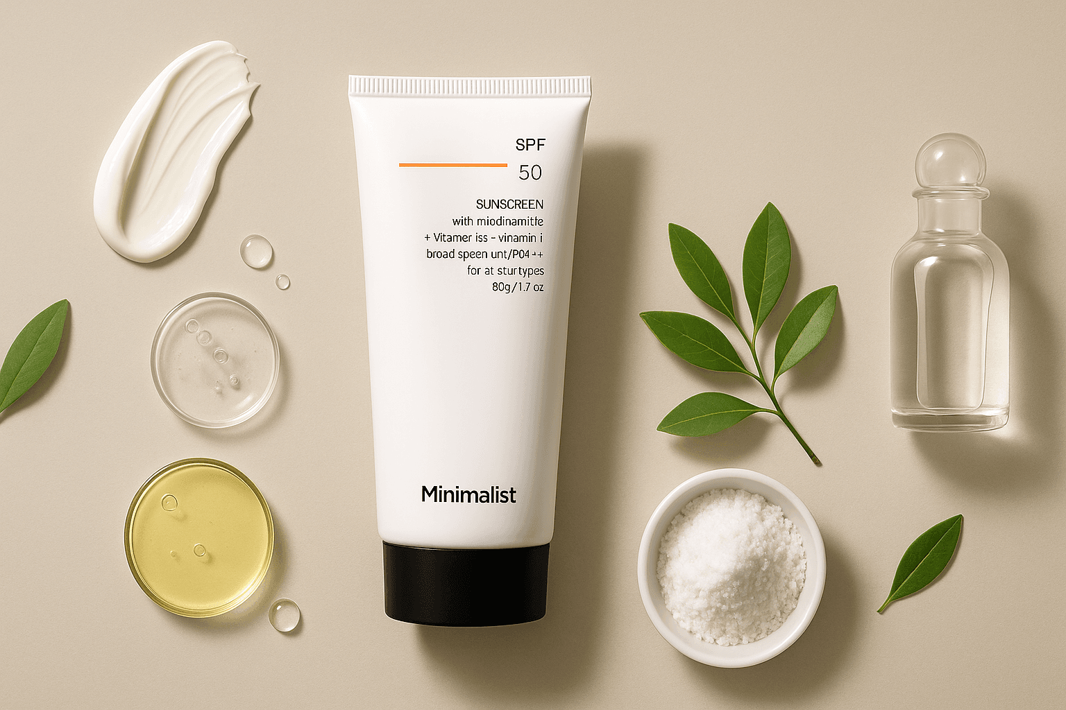 Beauty editorial flat-lay of a sunscreen tube with botanical props, illustrative image for a post about Amazon's 2026 AI image policy