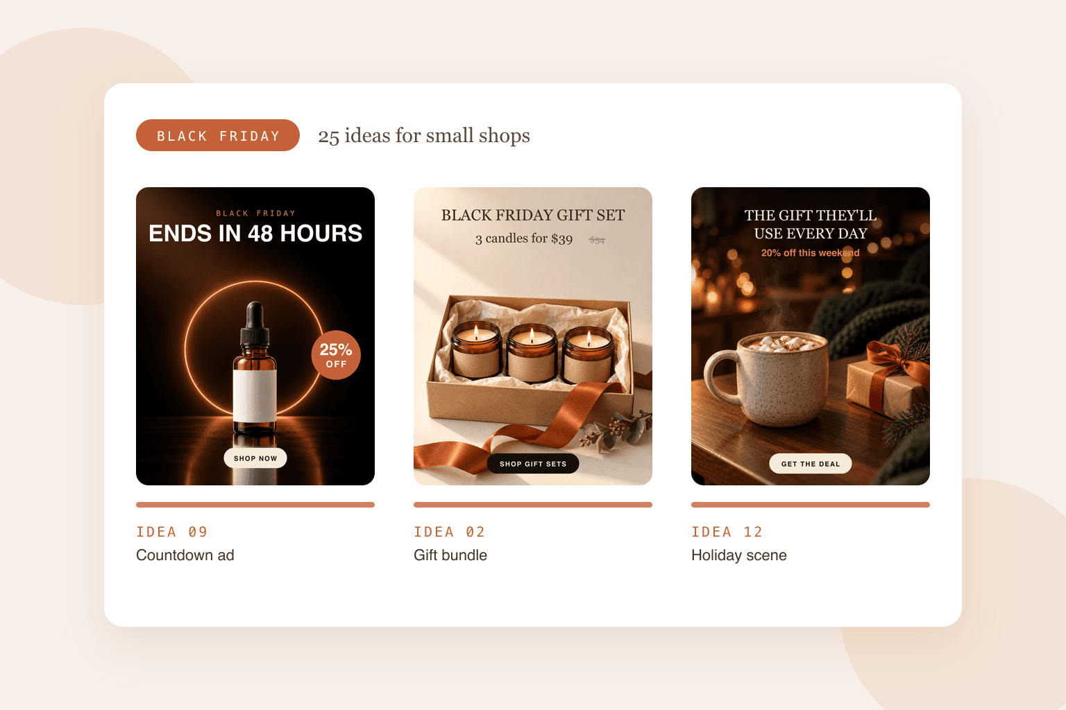 Black Friday marketing ideas for small businesses: countdown ad, gift bundle and holiday product scene