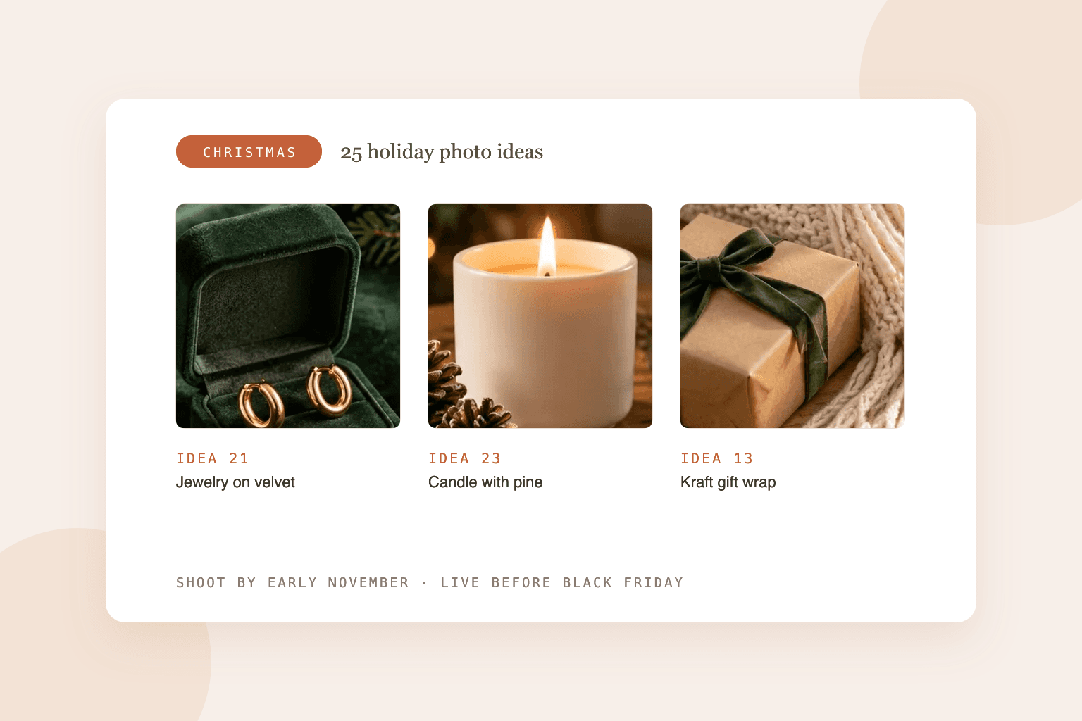 Christmas product photography ideas: gold hoop earrings in a green velvet box, a lit candle with pine and pinecones, and a kraft-wrapped gift with a velvet ribbon