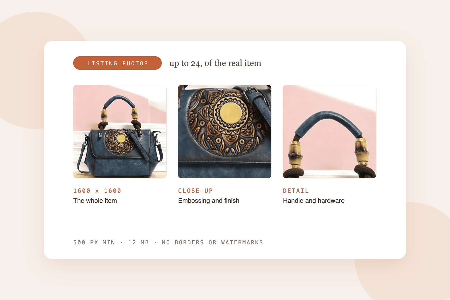 eBay listing photo set for a blue leather handbag: the whole bag at 1600 x 1600, a close-up of the embossed medallion, and the rope handle and hardware