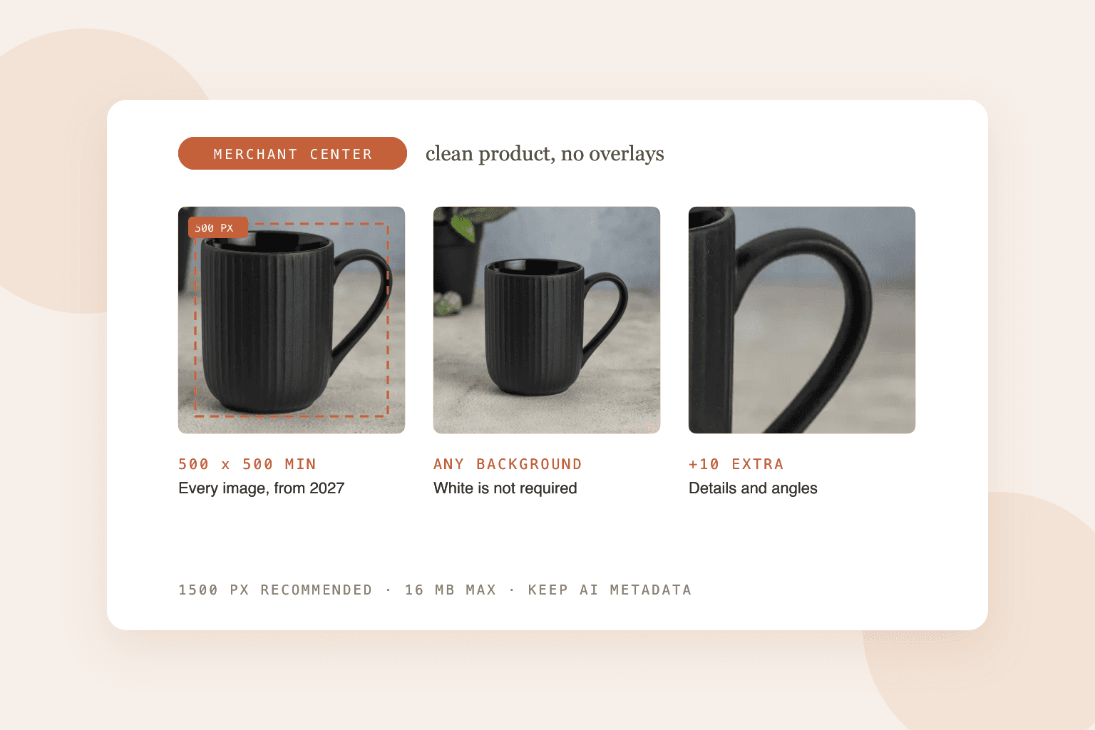 Google Shopping image checklist: a black ribbed ceramic mug shown at the 500 x 500 minimum, in a lifestyle setting, and as a close-up of the handle, with no text or overlays