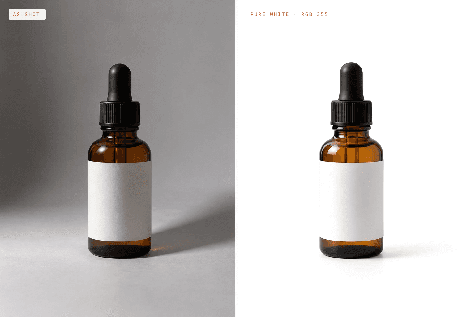 The same amber dropper bottle photographed twice: on a dull grey background with a heavy shadow as shot, and on a pure white RGB 255 background with a soft contact shadow