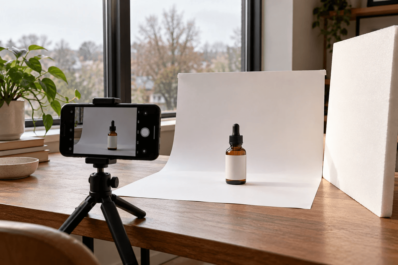 A home product photo setup by a window: a smartphone on a small tripod photographing an amber dropper bottle on a curved white paper sweep, with a white foam board bouncing light