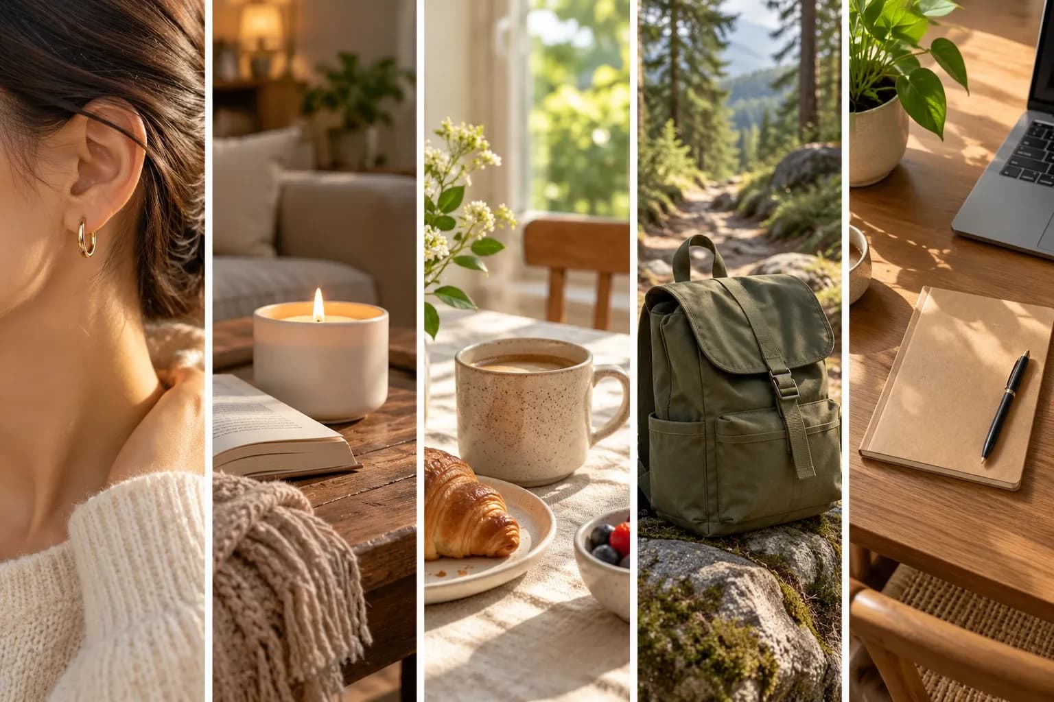Lifestyle product photography ideas by product: earrings worn at the ear, a candle in a living room, a mug at breakfast, a backpack on a trail and a notebook on a desk
