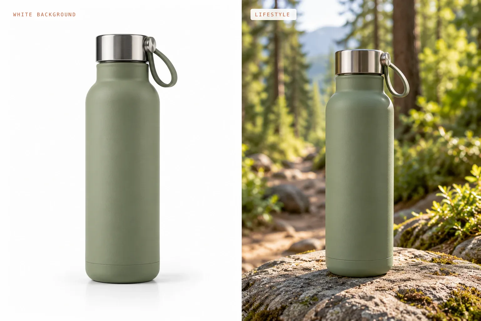 The same sage-green water bottle shown on a white background and in a lifestyle scene on a rock beside a hiking trail