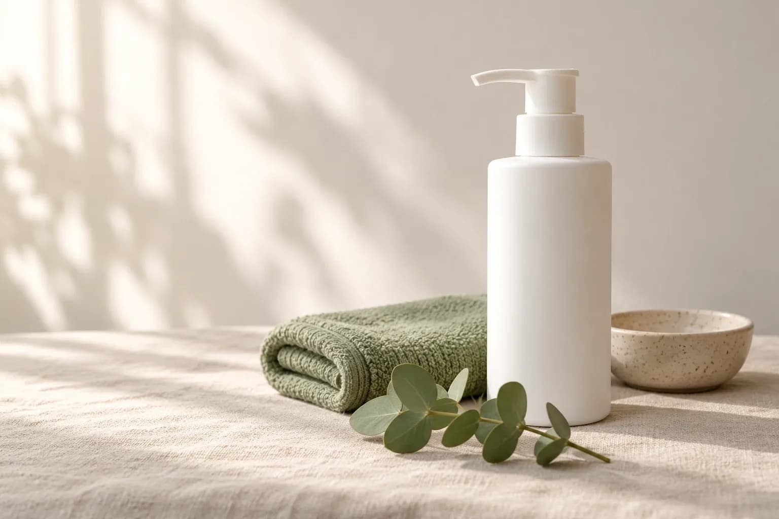 A skincare pump bottle styled with three props on a linen surface: a folded sage-green towel, a eucalyptus sprig and a small speckled ceramic dish
