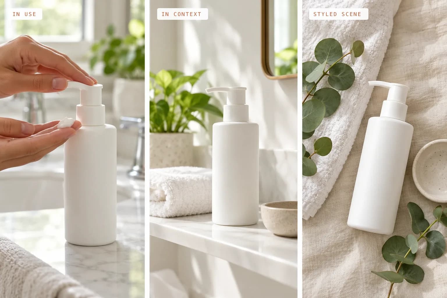 The three types of lifestyle product shots: a hand pressing a skincare pump bottle, the bottle on a bright bathroom shelf, and a styled flat lay with a towel and eucalyptus