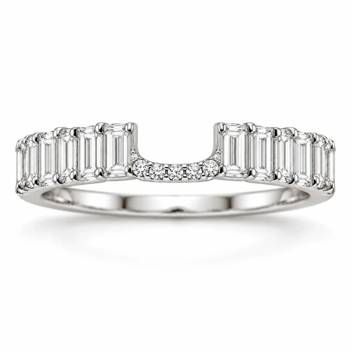 A curved diamond wedding band photographed straight on against a white background