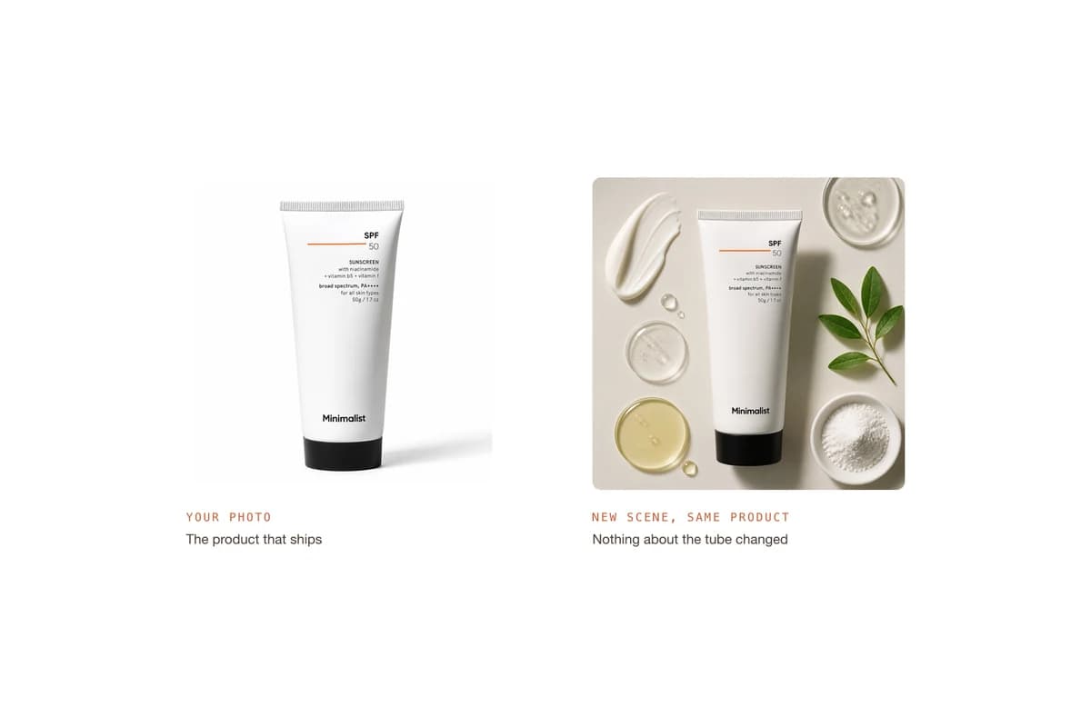 A sunscreen tube on a plain white background next to the same tube in a styled scene, the product identical in both