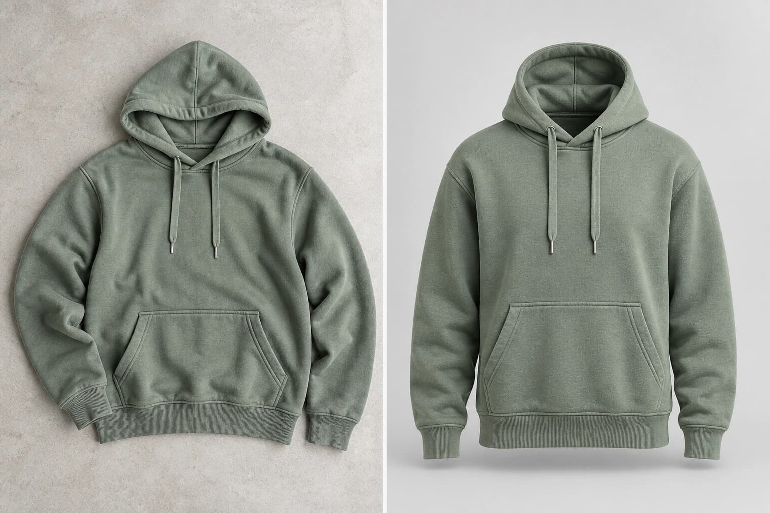 A sage green hoodie photographed flat on a concrete floor, beside the same hoodie as an invisible-mannequin product shot made with ApparelAI