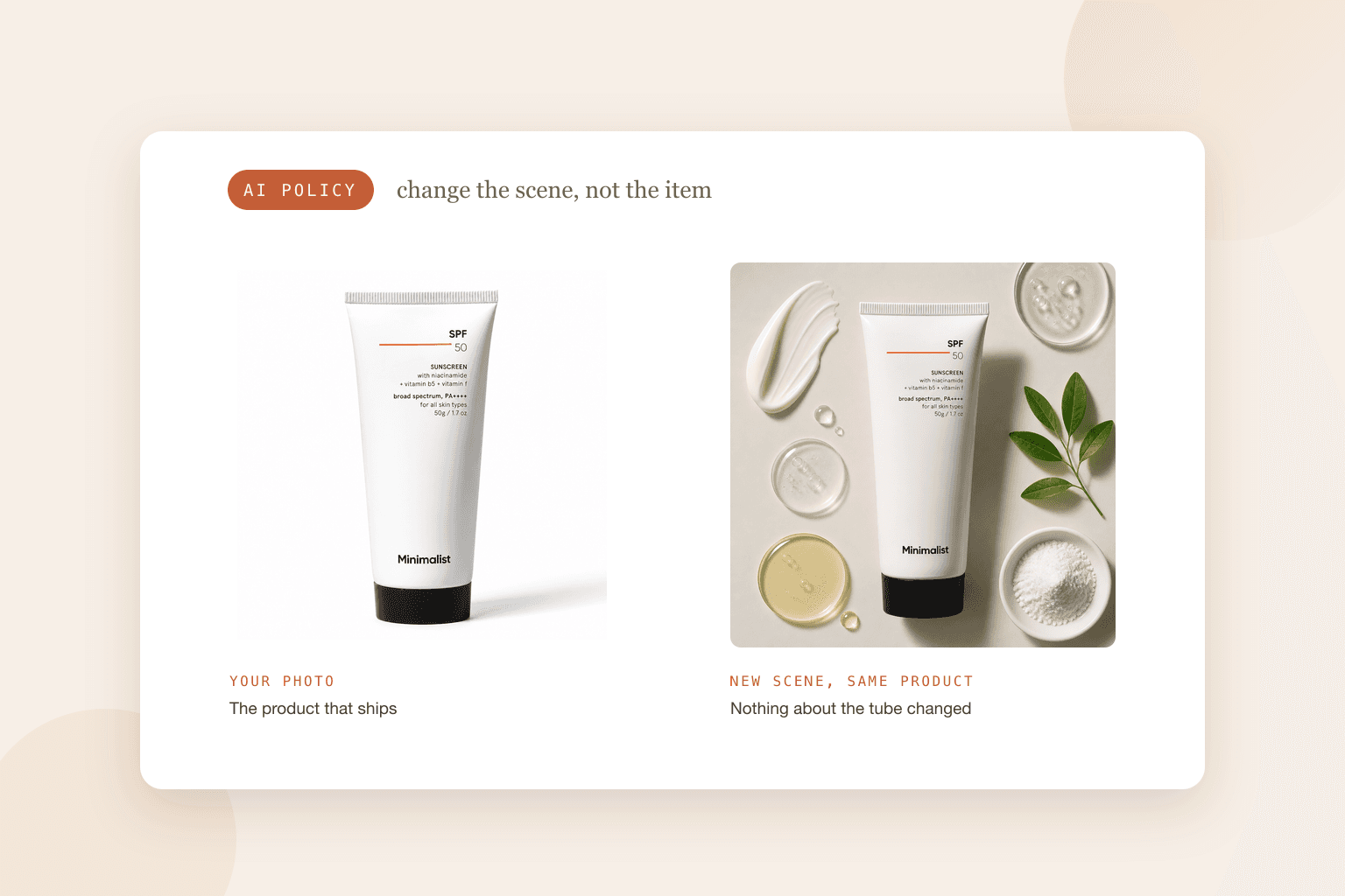 A sunscreen tube photographed on a plain white background next to the same tube staged in a styled beauty scene, showing the product unchanged
