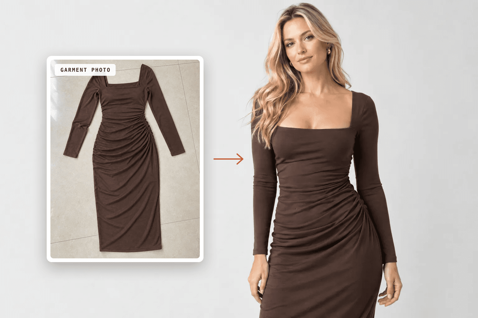 A brown ruched midi dress photographed flat on a tile floor, next to the same dress worn by an AI-generated model in a studio, showing how an AI model for clothing brands works