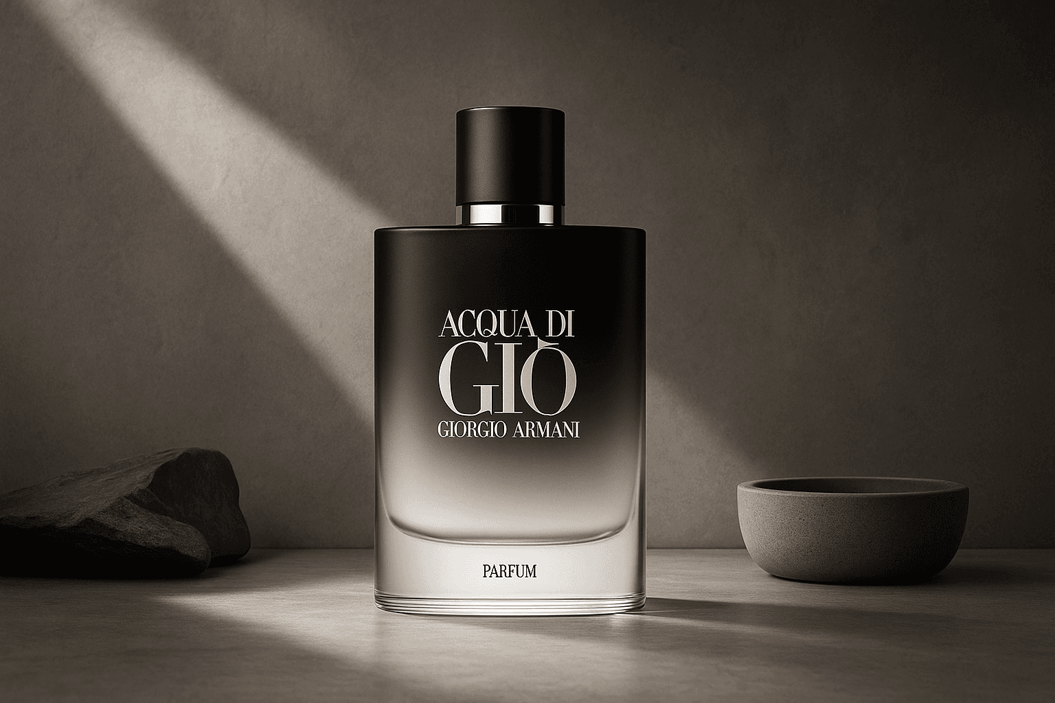 Editorial product shot of a men's parfum bottle on brushed concrete with hard architectural lighting, illustrative image for a post about SMB AI product photography