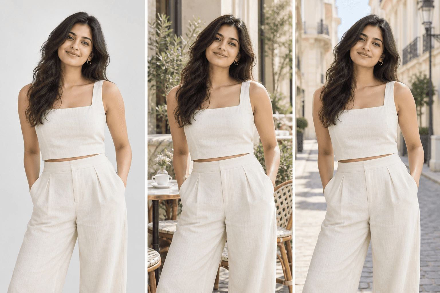 The same AI-generated model in a cream linen crop top and wide-leg trousers shown in three settings, a plain studio, a café terrace and a city street, as test variants for a clothing ad