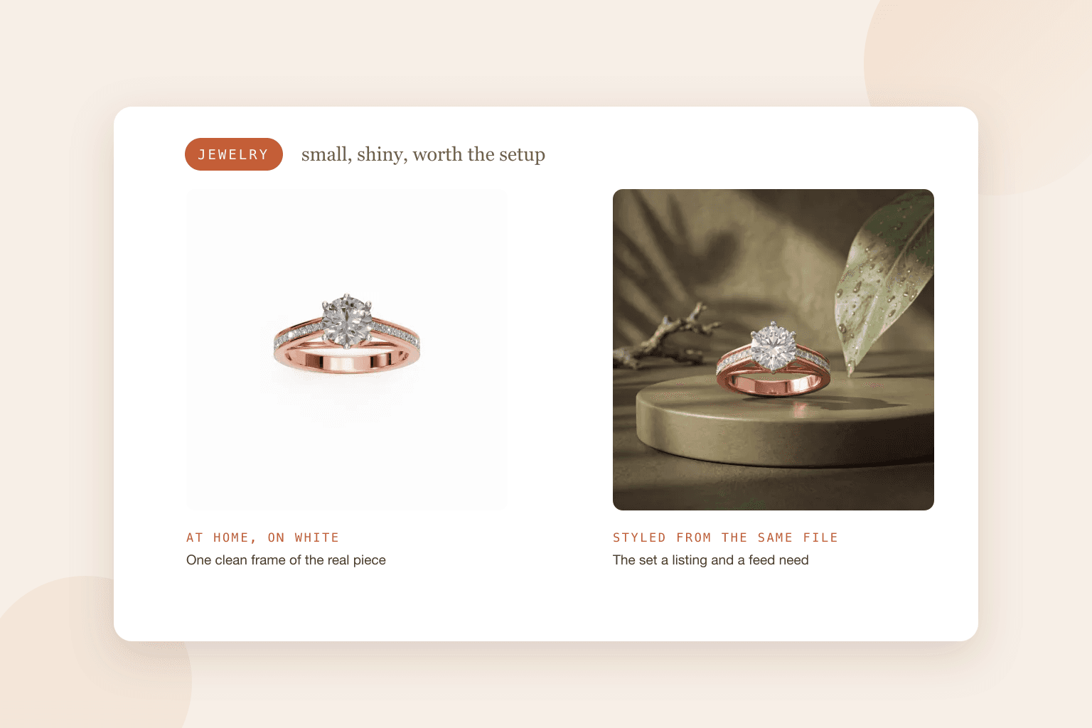 A rose gold solitaire ring photographed on a plain white background next to the same ring staged on a sage stone pedestal with a leaf and driftwood