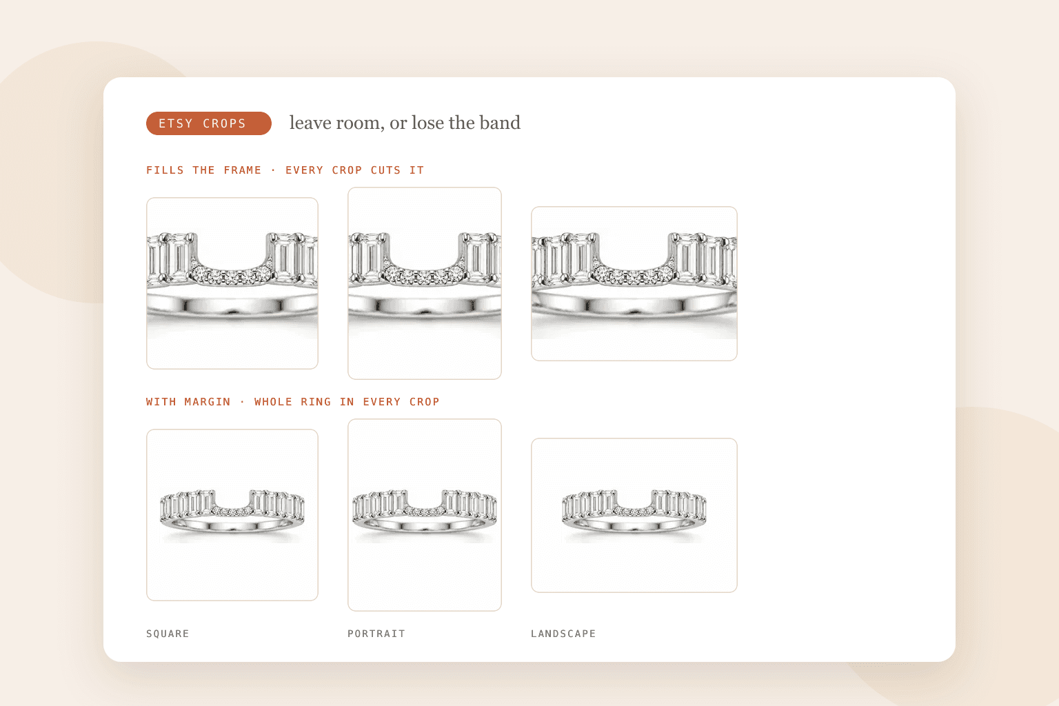A rose gold solitaire ring shown twice in Etsy's square, portrait and landscape crops: filling the frame and cut by every crop, then with margin and whole in all three