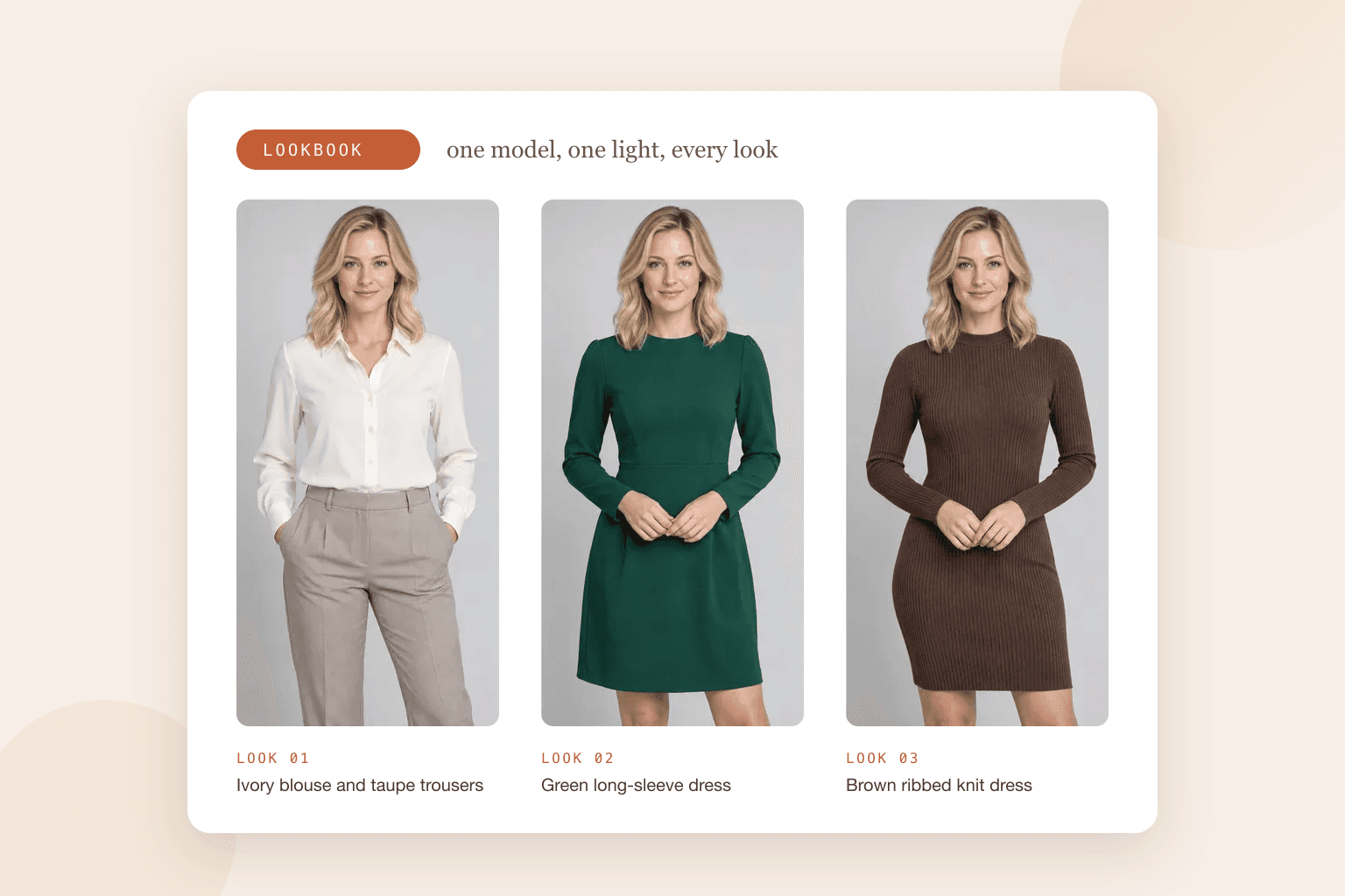 A lookbook spread of three looks on the same model against the same grey backdrop: an ivory blouse with taupe trousers, a green long-sleeve dress and a brown ribbed knit dress
