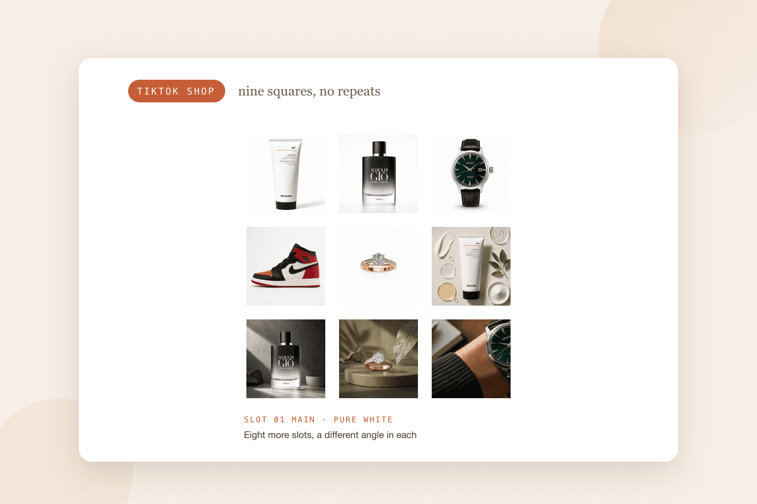 A nine-square grid of the shot types a TikTok Shop listing can hold, with white-background product photos in the first row and styled scenes below, drawn from several products