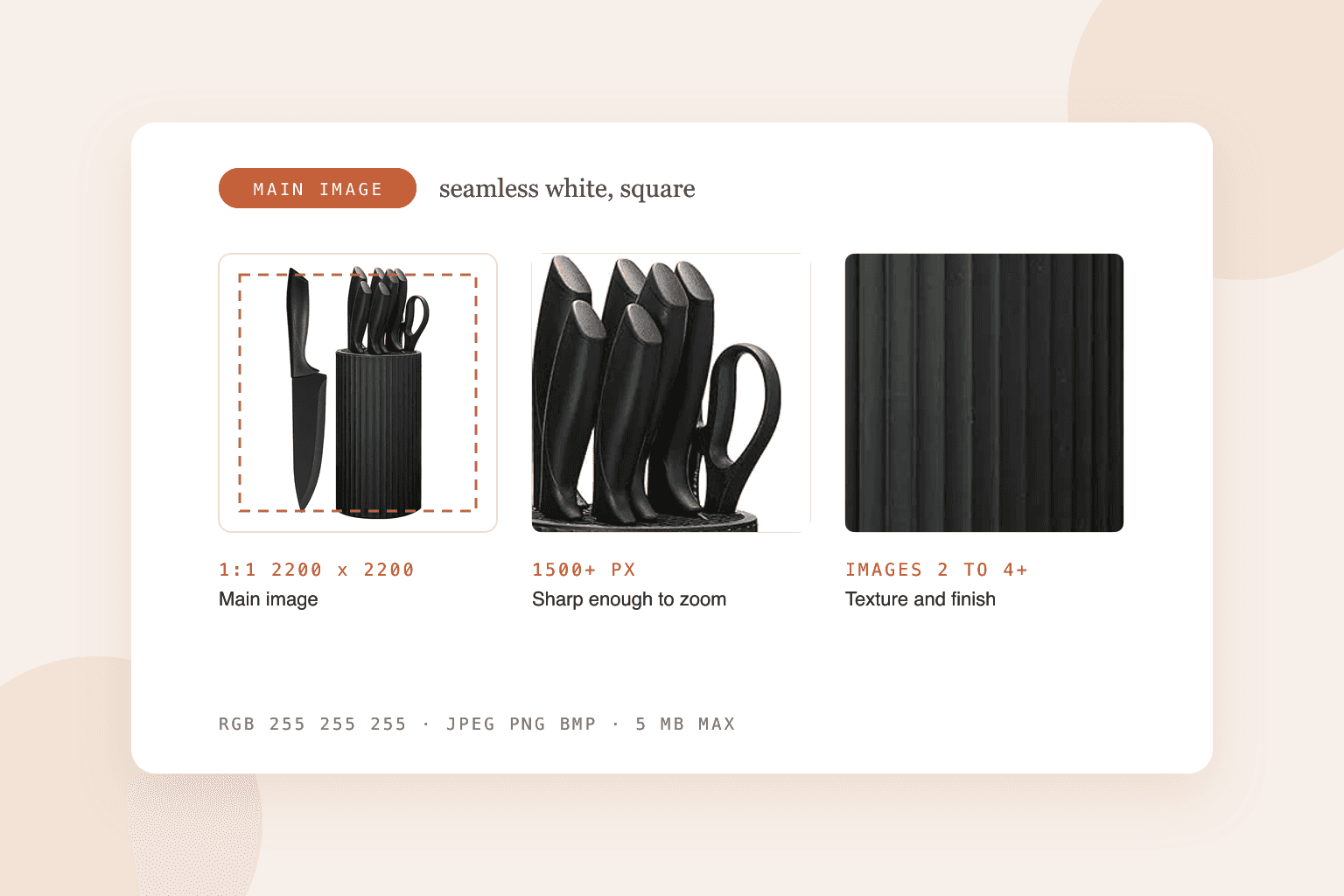Walmart listing image set: a black knife block set on a seamless white square marked 2200 x 2200, with close-ups of the handles and the ribbed block