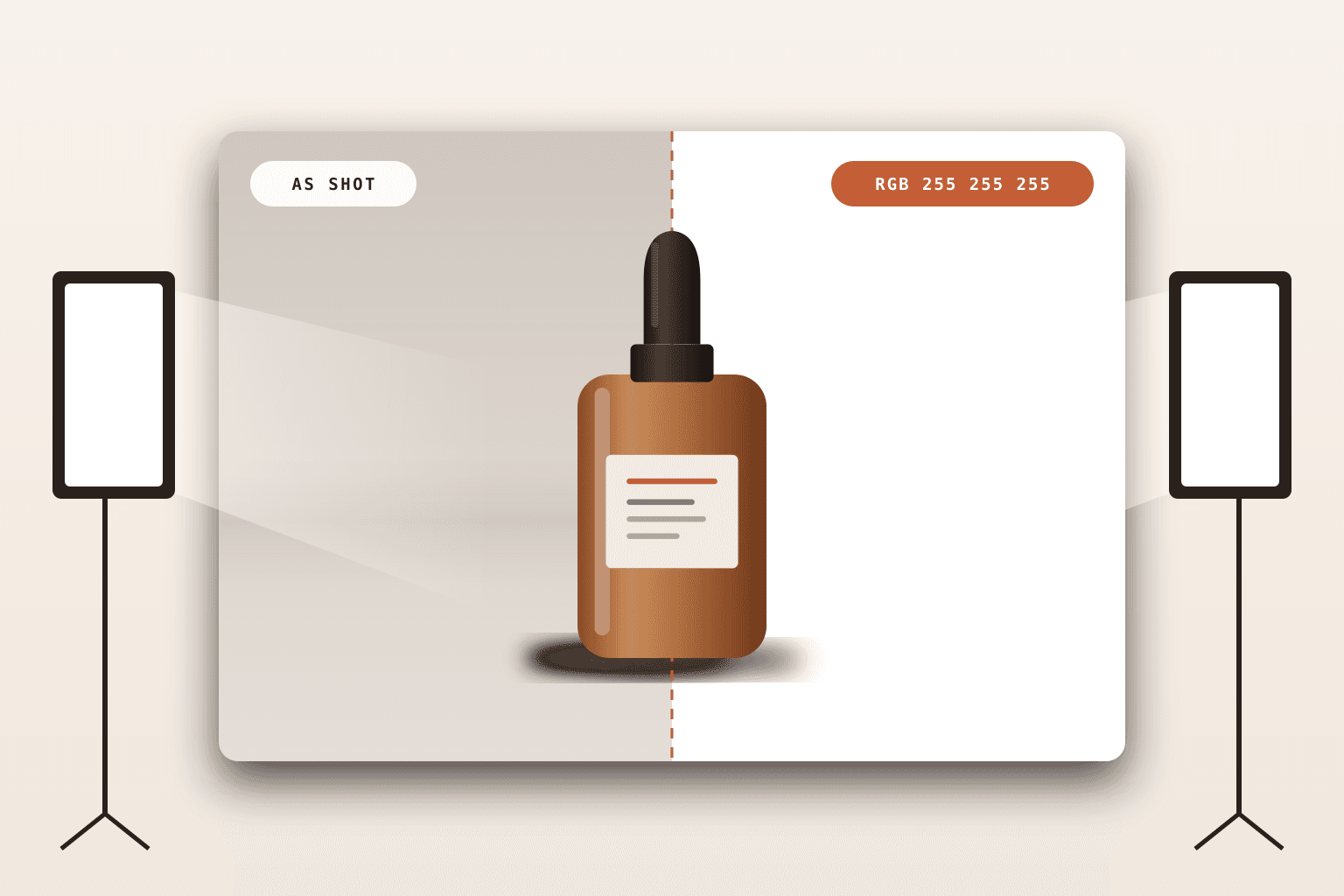 Illustration of an amber bottle on a white sweep between two softbox lights, split to compare a grey background as shot with a pure white RGB 255 background