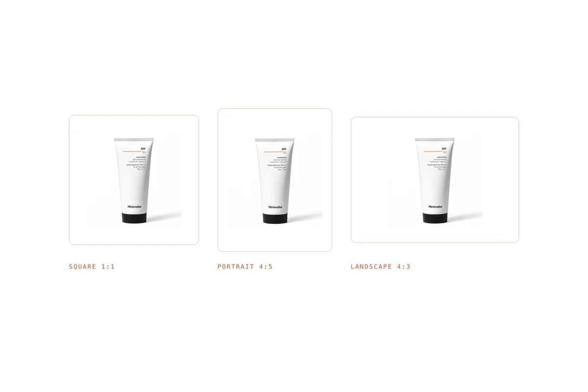 A sunscreen tube photo cropped three ways, as a square, portrait and landscape thumbnail, with the tube fully visible in each