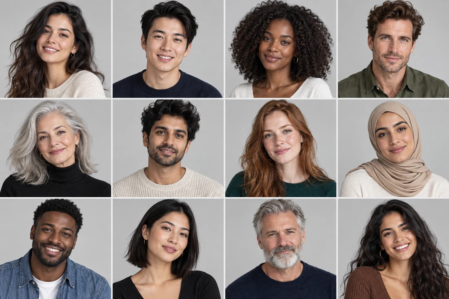 A grid of twelve AI-generated fashion model portraits covering a range of ages, skin tones and styles