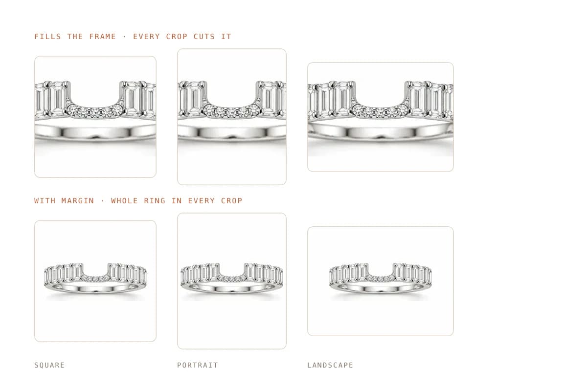 A rose gold solitaire ring framed tightly and again with margin, each shown in Etsy's square, portrait and landscape crops