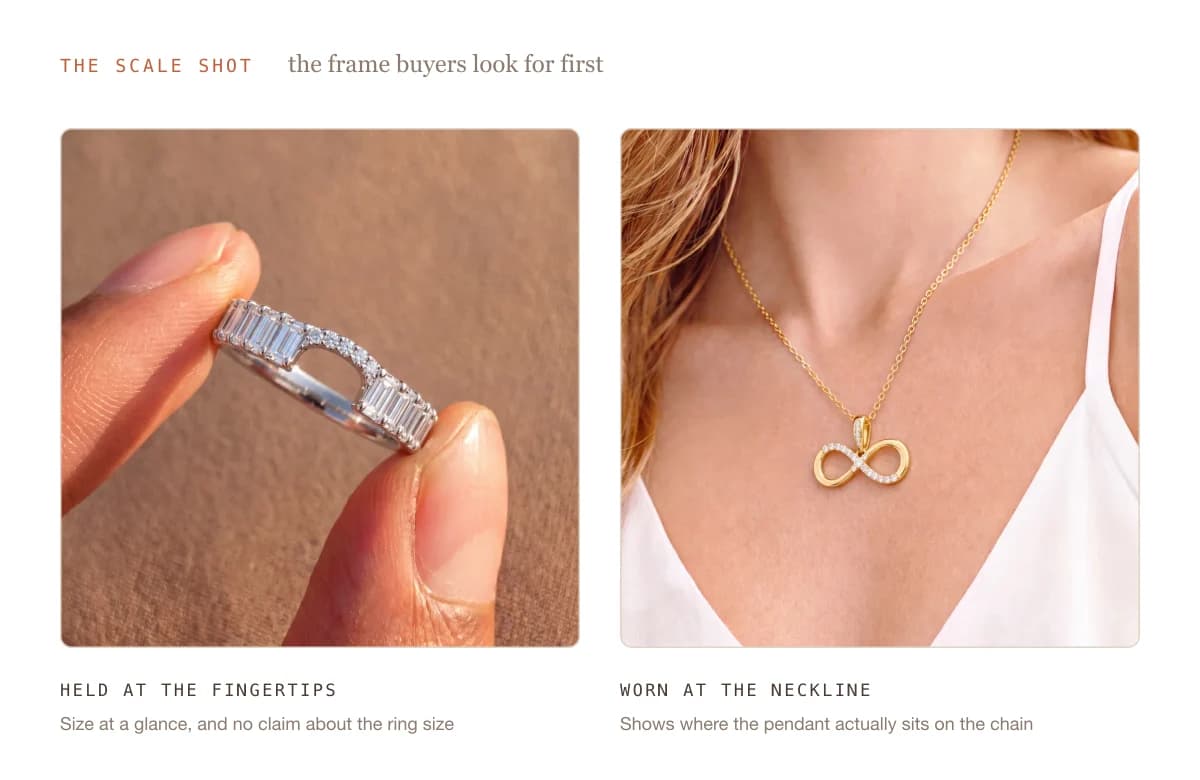 A diamond band held between two fingertips beside a gold infinity pendant worn at the neckline, the two frames that give a piece its size