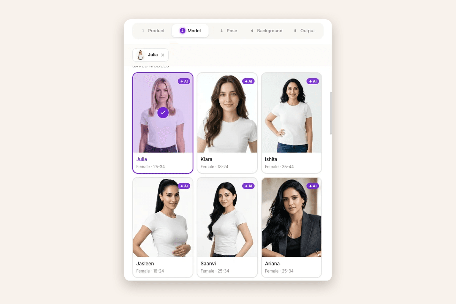 ApparelAI's model picker showing six saved AI fashion models with their age ranges, with one model selected