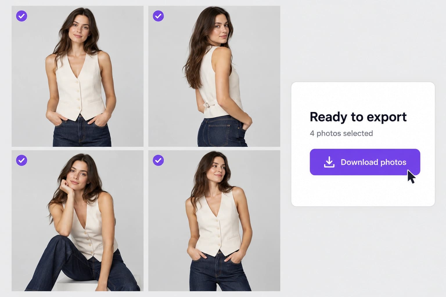 Four AI model photos of the same cream waistcoat and jeans in different poses, selected and ready to download in ApparelAI