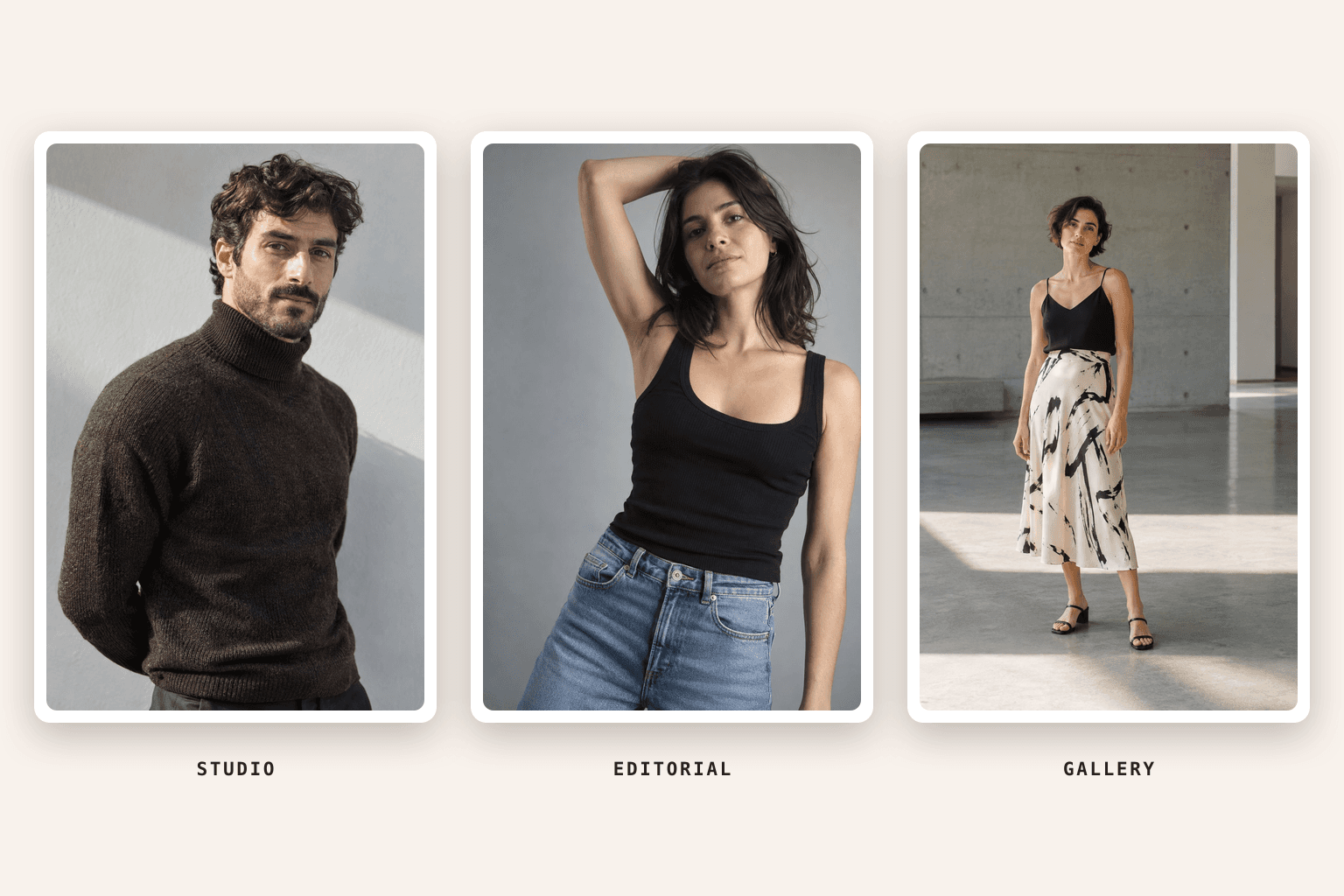 Three AI photoshoot templates side by side: a man in a brown knit turtleneck against a white wall, a woman in a black tank top and jeans on grey, and a woman in a printed skirt in a concrete gallery