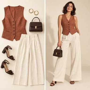 A linen vest, wide-leg trousers, a leather bag, heeled sandals and gold earrings photographed flat, next to the same pieces worn together as one styled look