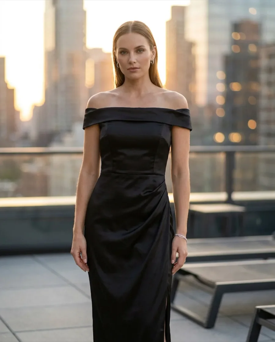 A model in a black off-shoulder satin dress on a rooftop at sunset, shot as one frame of a seasonal lookbook