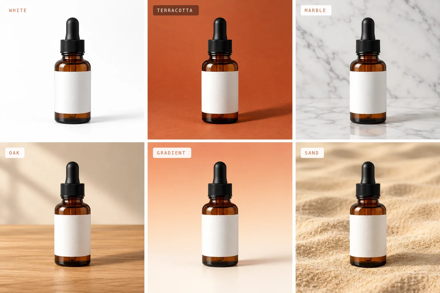 The same skincare bottle on six backgrounds: white, terracotta, marble, oak, gradient and sand