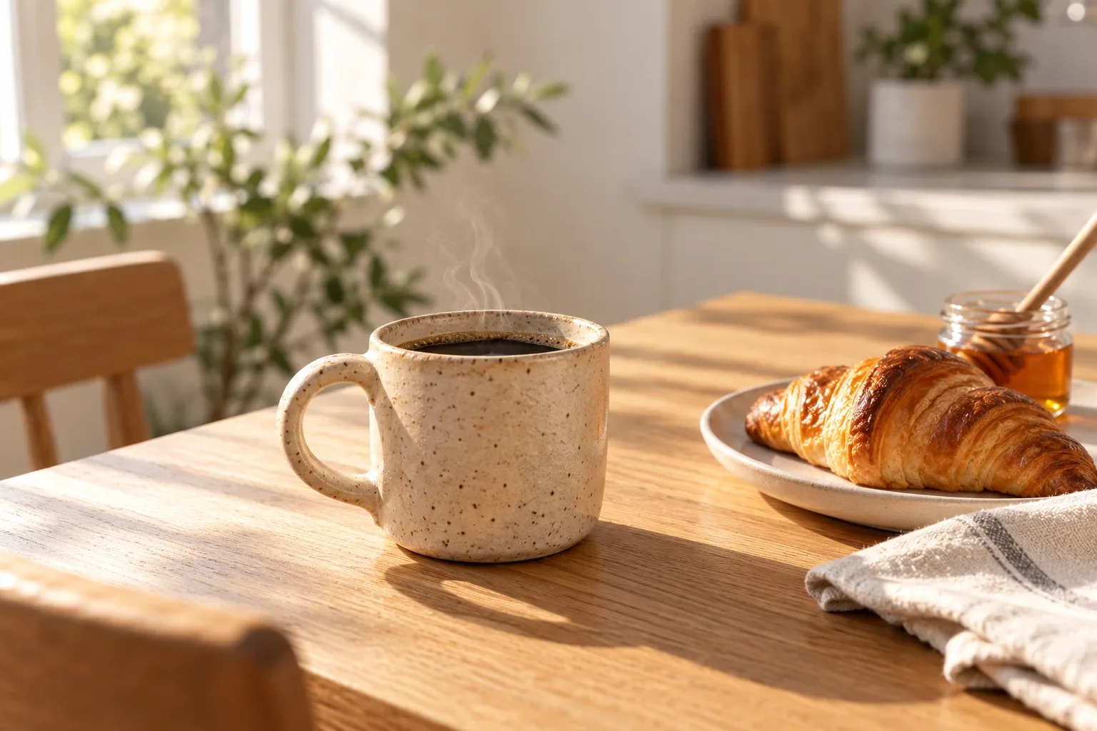 A handmade ceramic mug of coffee on a sunny breakfast table