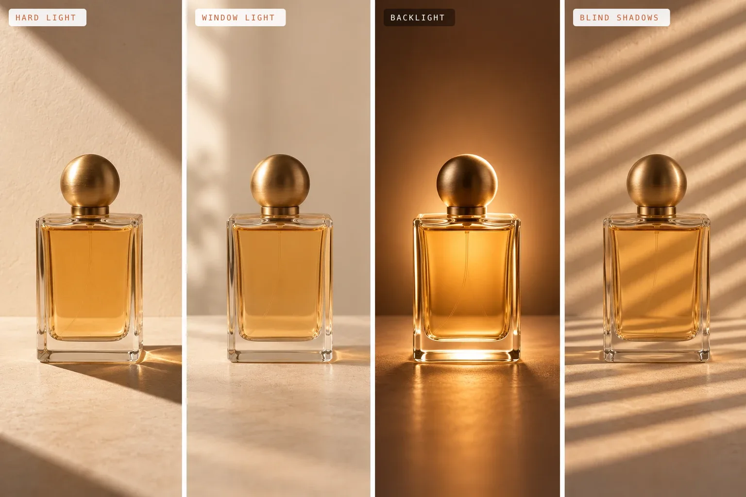 One perfume bottle under four lighting styles: hard light, window light, backlight and blind shadows