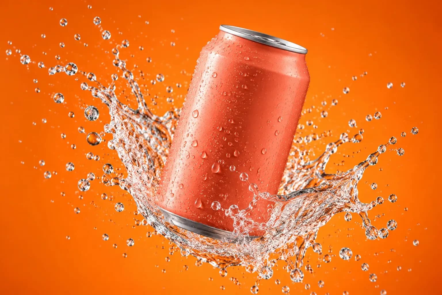A soda can surrounded by a frozen splash of water against a bright orange background