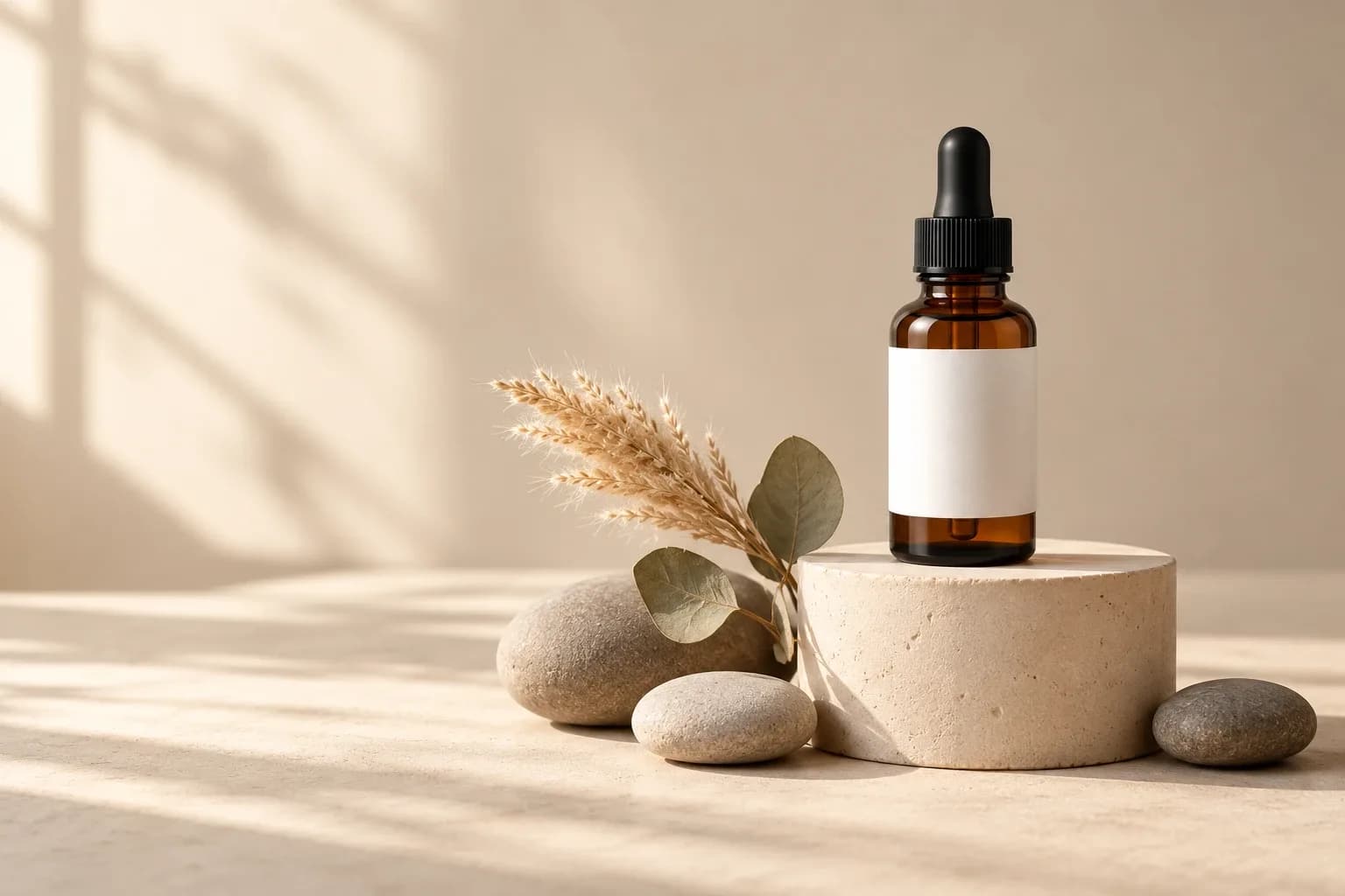 A serum bottle styled as a still life with smooth stones and dried flowers on a cream backdrop