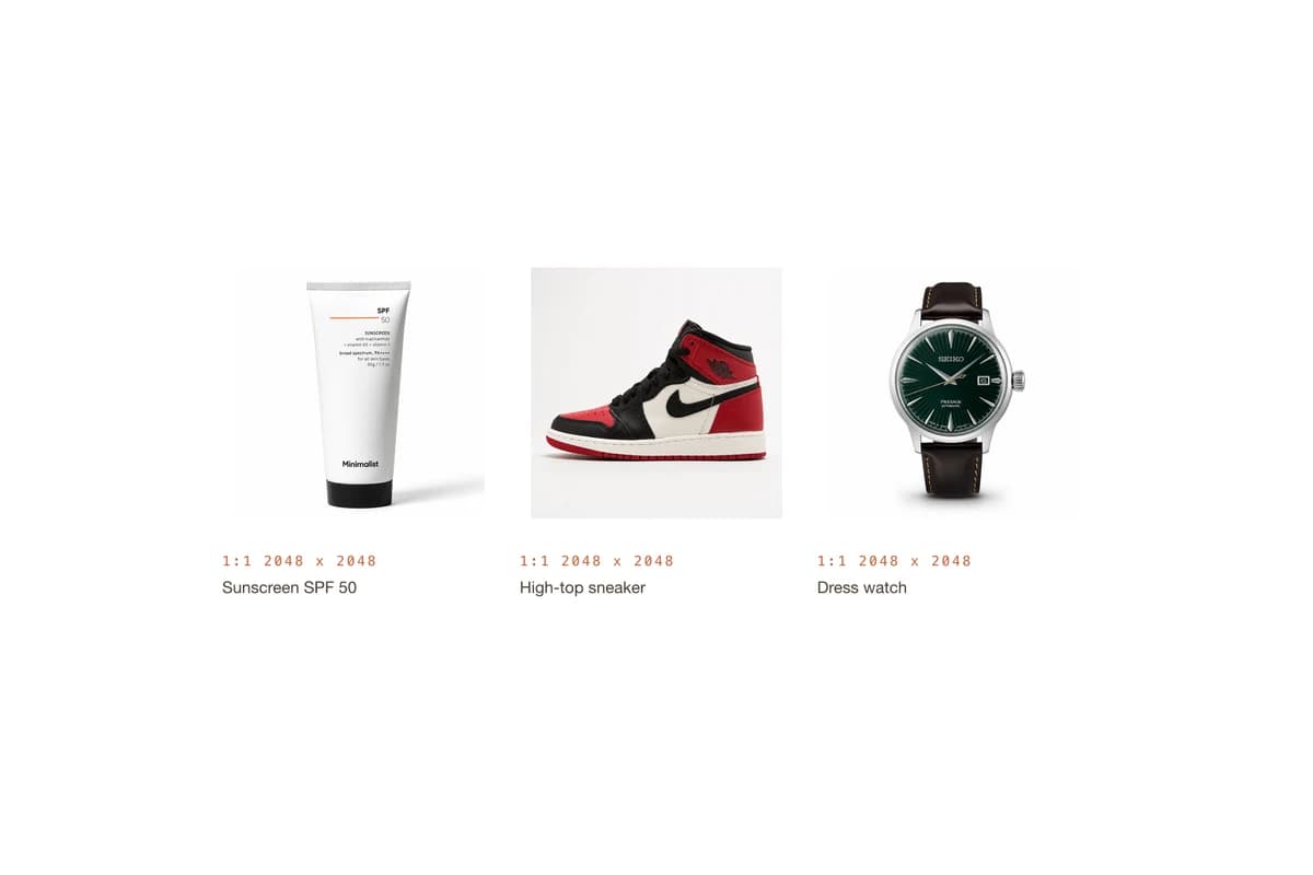 A sunscreen tube, a high-top sneaker and a dress watch, each squared to the same size for an even collection grid