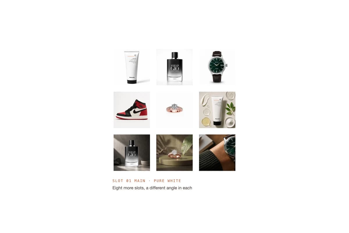 A nine-square grid of product photos: white-background shots in the first row, styled scenes and a close-up below