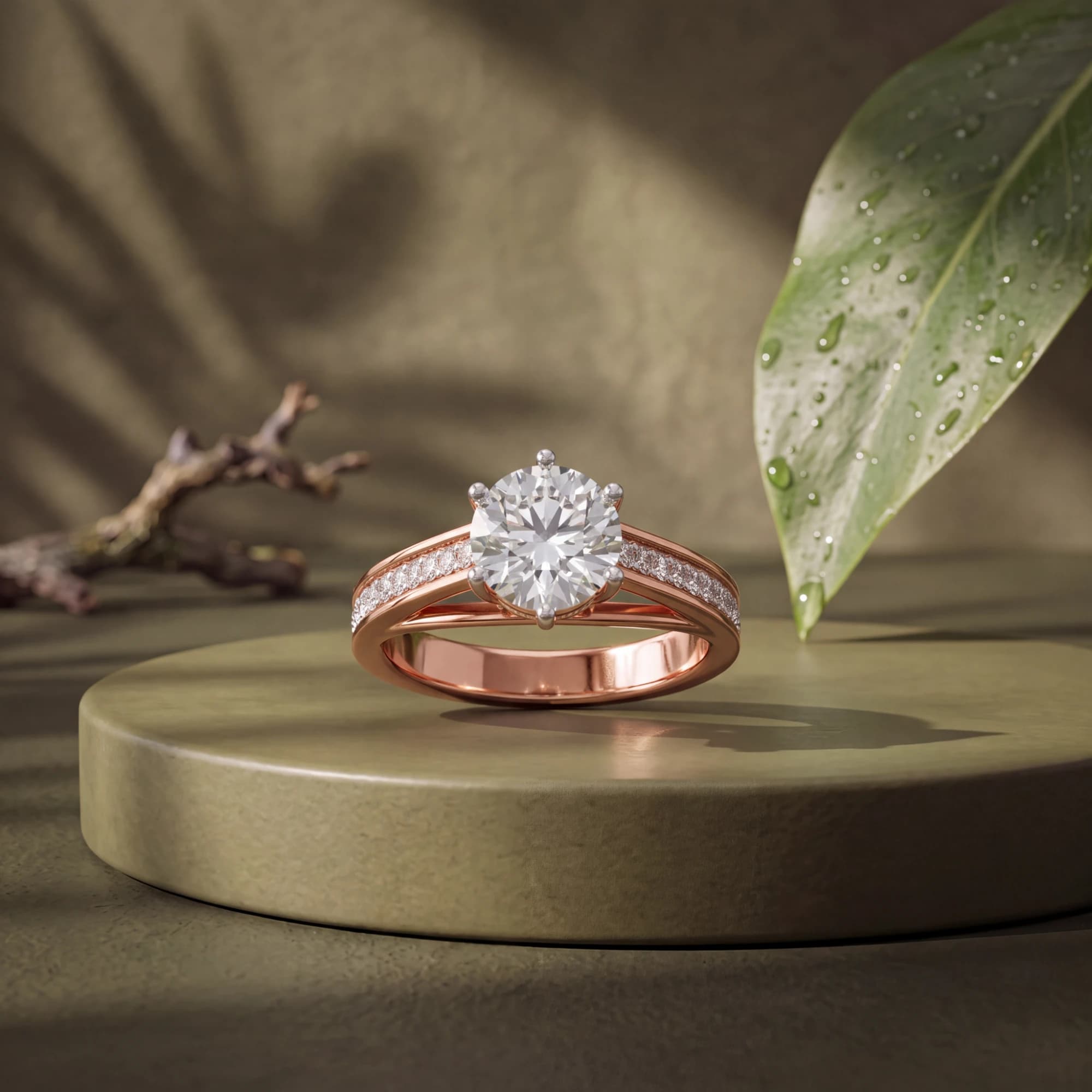 The same rose gold solitaire ring staged on a sage stone pedestal with a dewy leaf and driftwood behind it