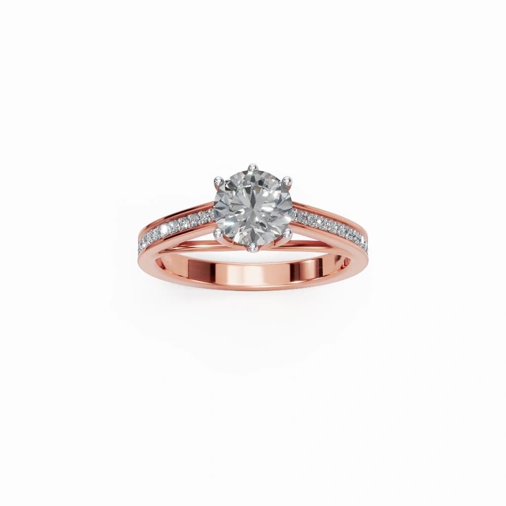 A rose gold solitaire ring with a pavé shoulder photographed straight on against a plain white background